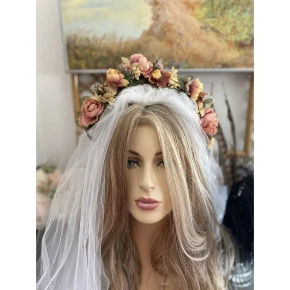 Vintage Bridal Wedding Hair Accessory Crown Earth Tones Boho Unique Handmade 70s